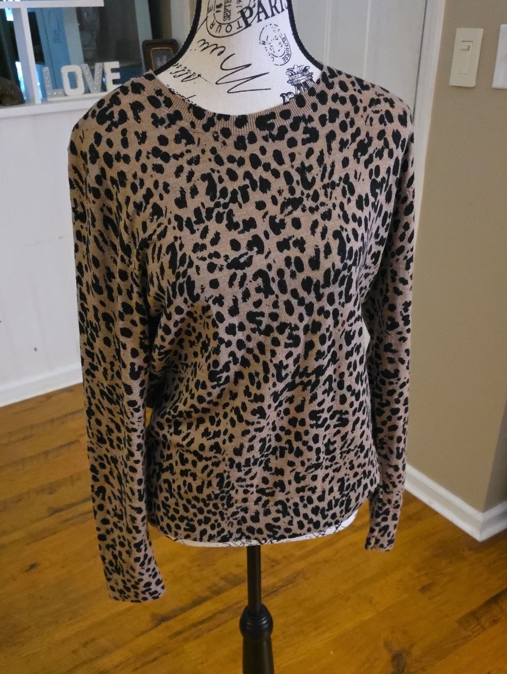 Banana Republic Leopard Print Crewneck Wool Sweater in Taupe and Black